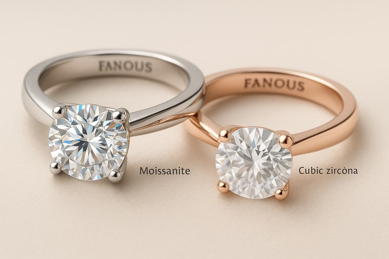 Close-up of moissanite and cubic zirconia rings in white gold and rose gold