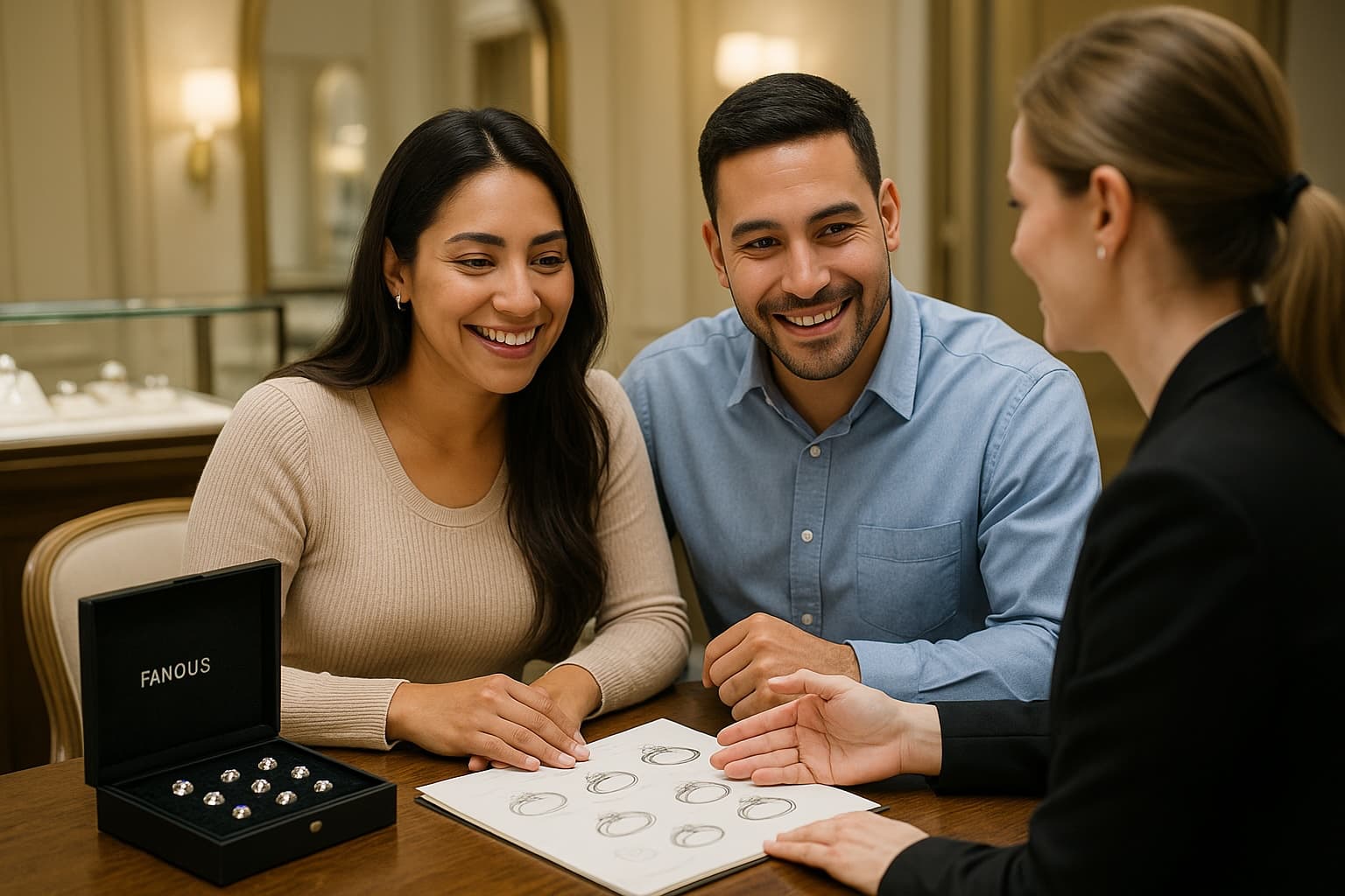 A couple reviewing custom ring sketches with a Fanous Jewelry designer