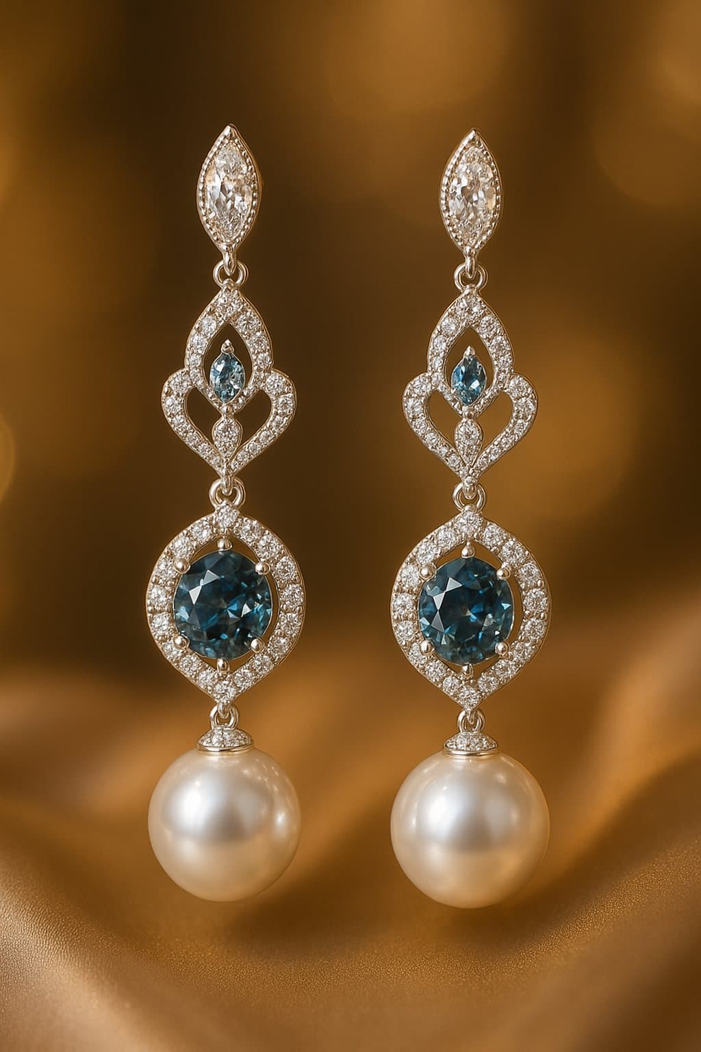 Crystal drop earrings complementing a sweetheart neckline