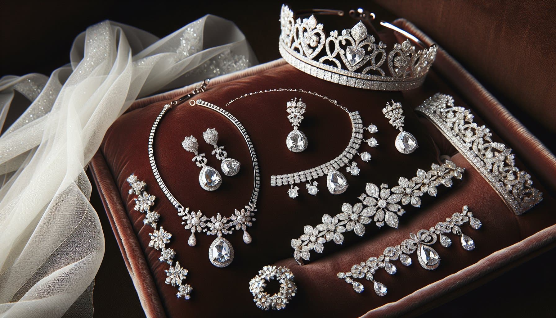 An elegant bridal jewelry collection featuring earrings, necklaces, and bracelets displayed in a velvet-lined showcase