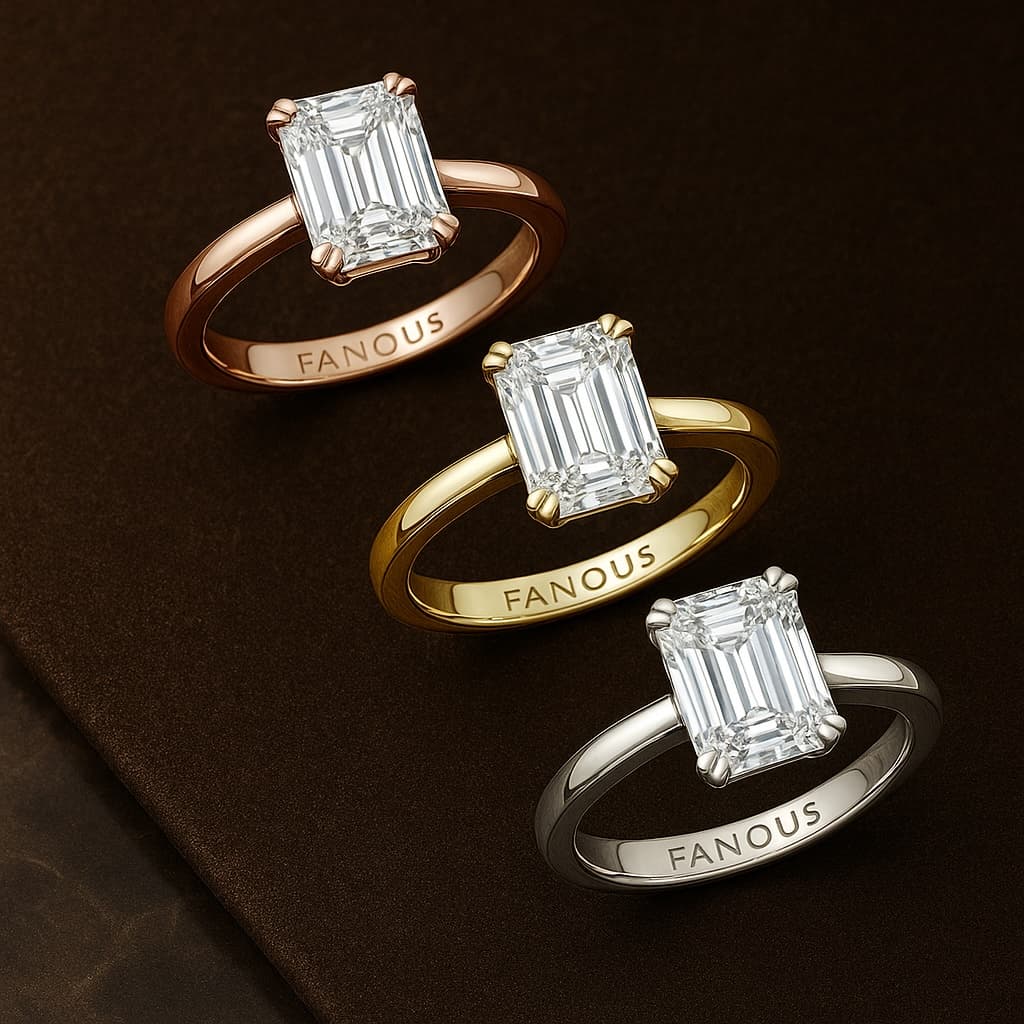 Elegant display of emerald cut wedding rings in various gold tones with 'FANOUS' stamped inside the bands