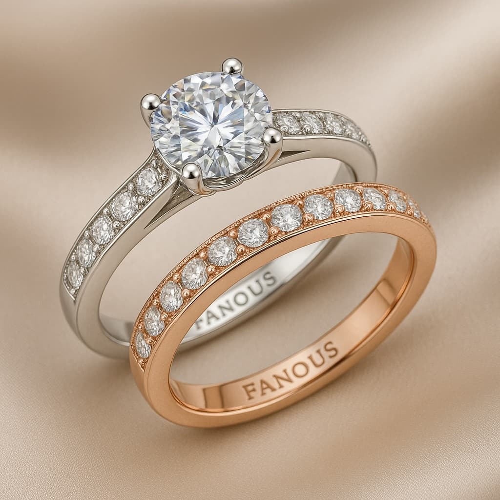 Close-up of matching engagement and wedding rings engraved with FANOUS