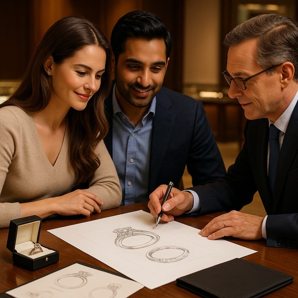 A couple sitting with a Fanous Jewelry designer reviewing custom engagement ring and wedding band sketches in a warmly lit boutique.