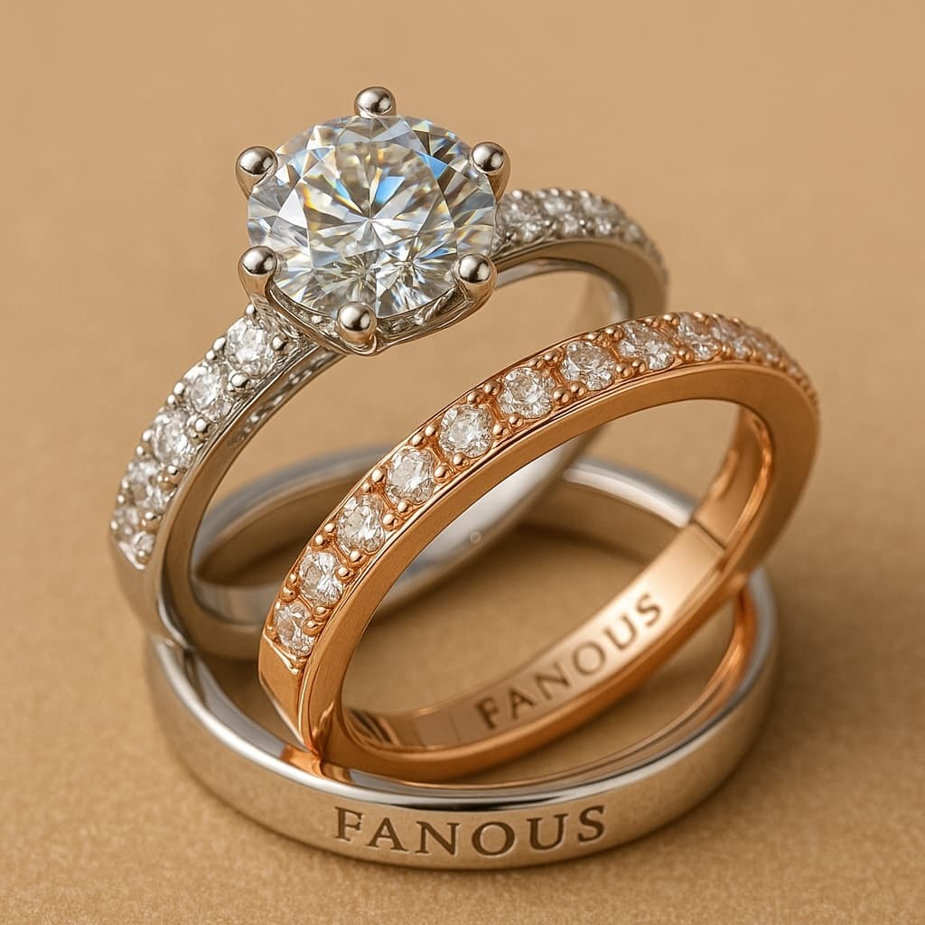 Close-up of a diamond engagement ring and matching wedding band in white gold and rose gold.