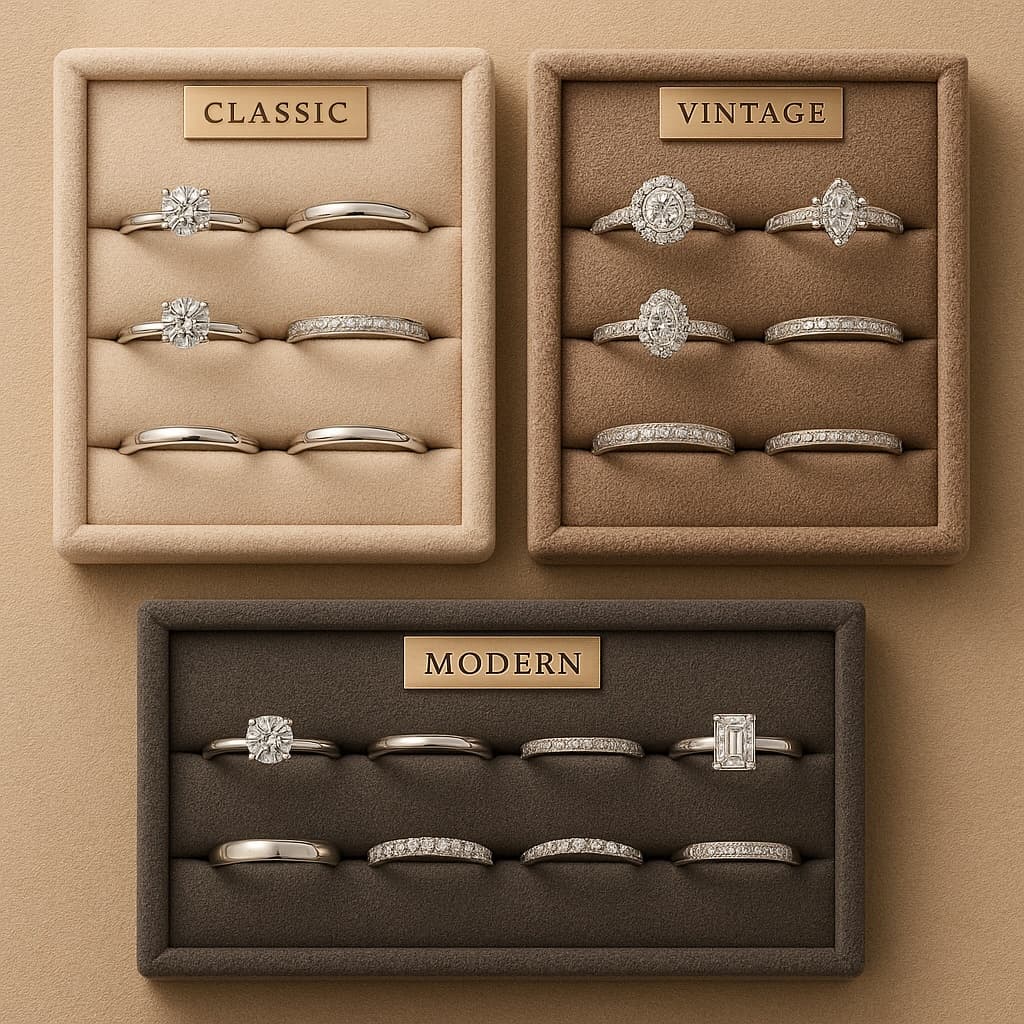 Engagement and wedding ring sets in various styles (classic, vintage, modern).