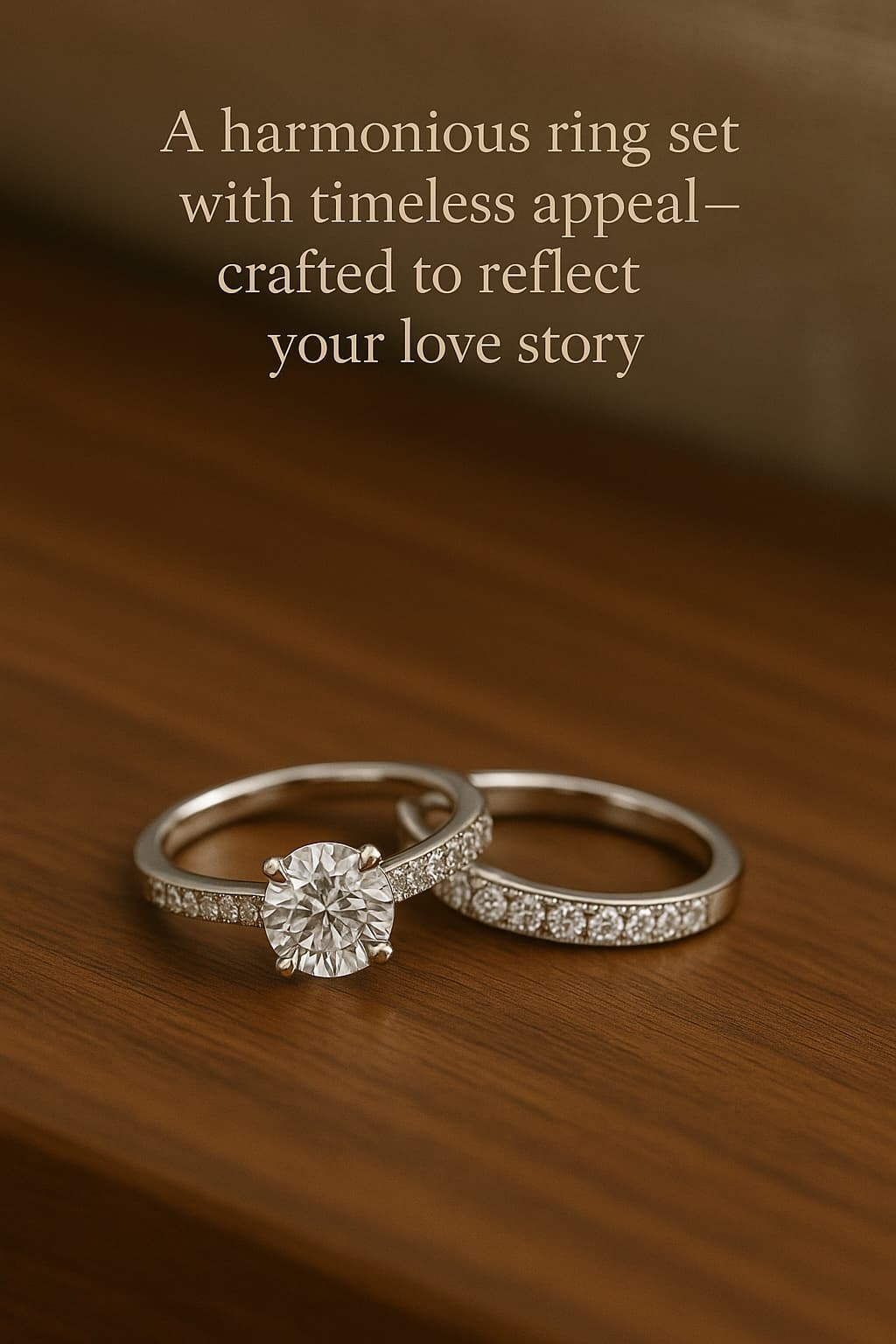 Close-up of an engagement ring and wedding band set on a velvet box, both engraved with 'FANOUS', symbolizing timeless love