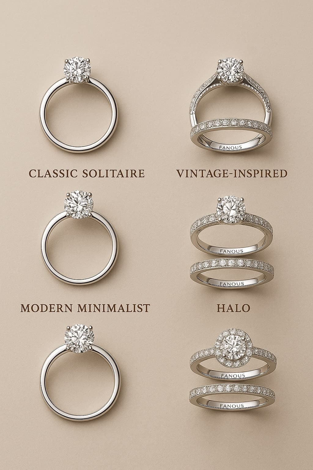 Elegant visual layout showing matching engagement rings and wedding bands in various styles—classic, vintage, modern, and halo—neatly categorized for comparison